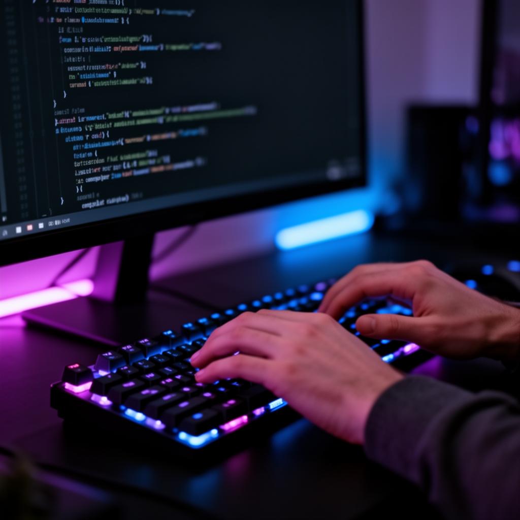 Handen op mechanisch toetsenbord met code op scherm