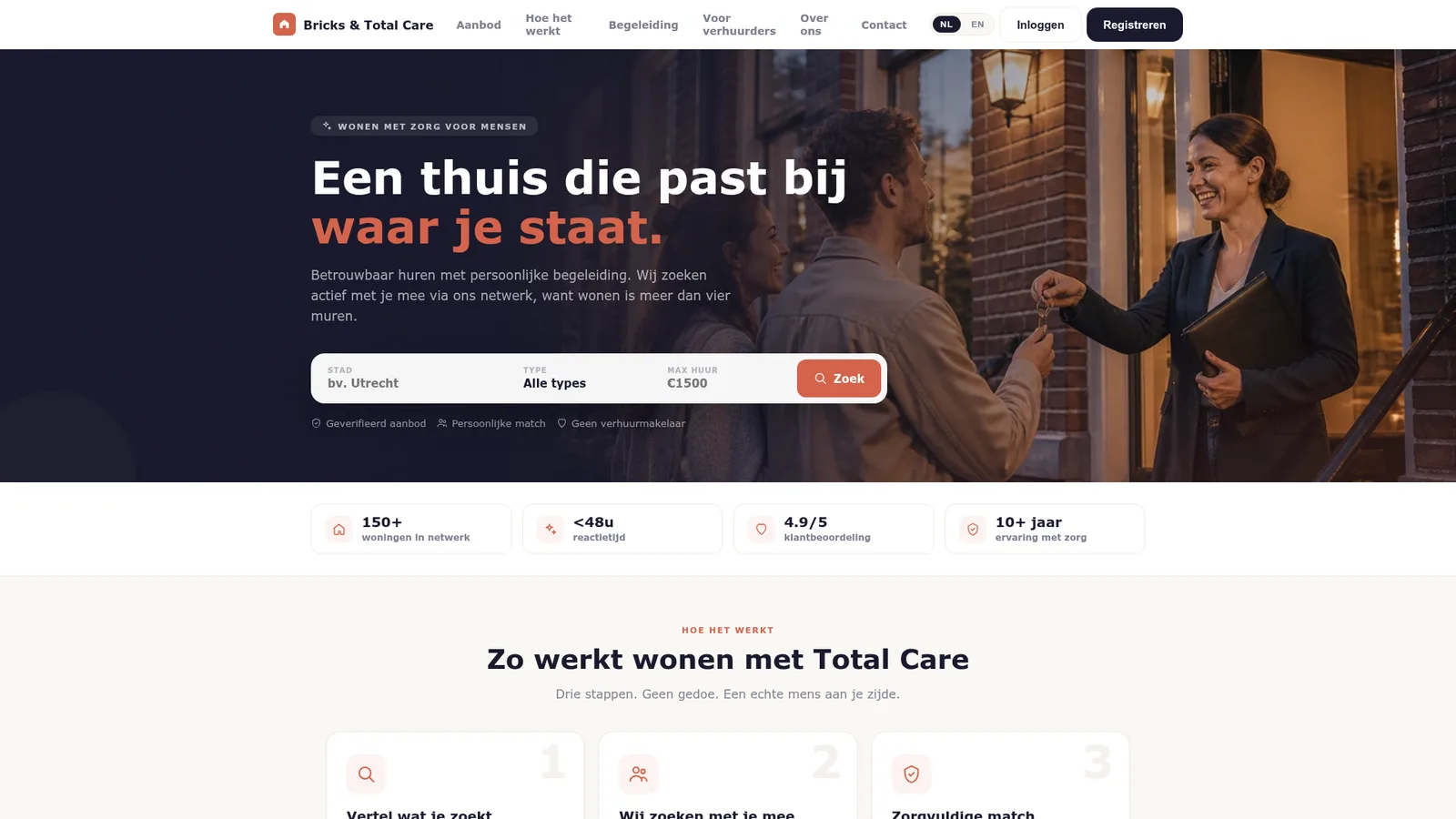 Screenshot van de website totalcarehuisvesting.nl